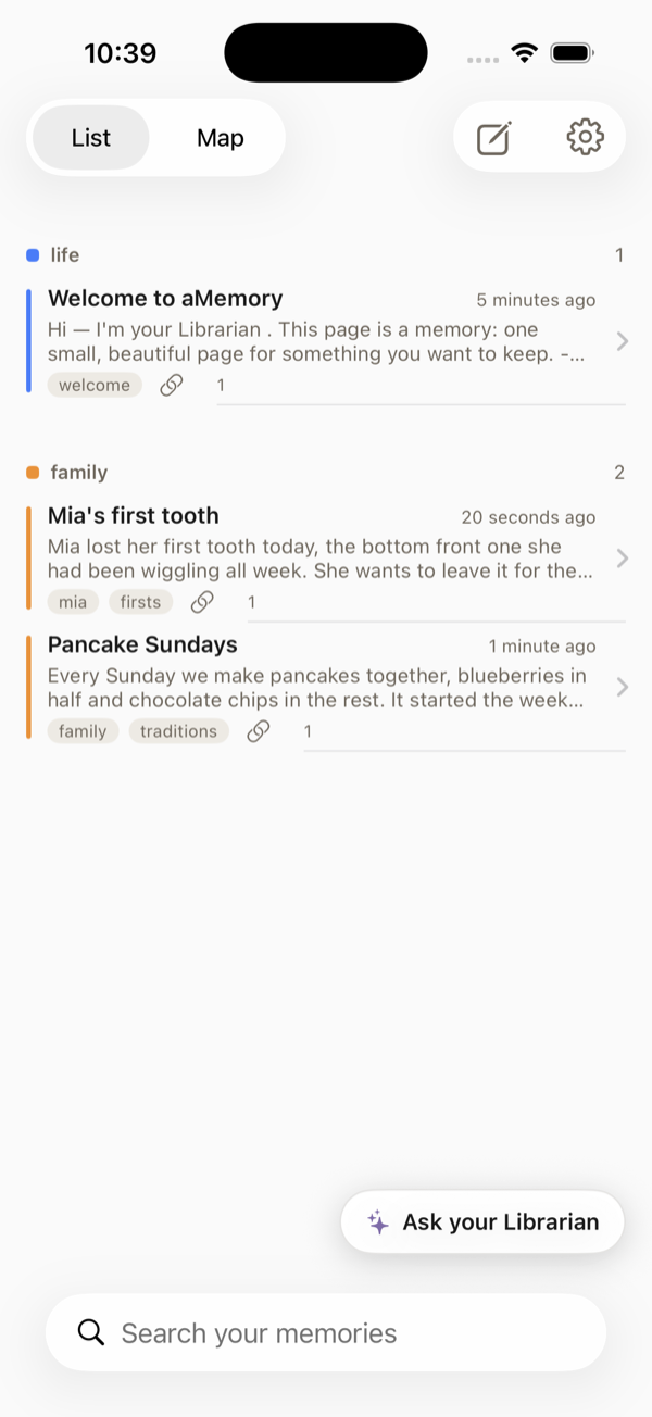 aMemory home screen: the shelf of memory roots, each with its own color