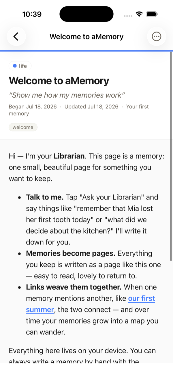 A kept memory page with its story and wiki-links to people and places