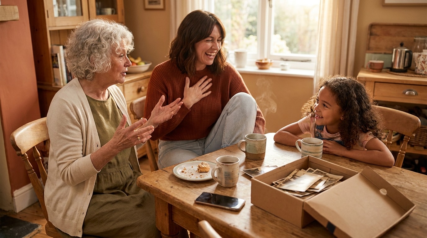 Three generations laughing around a kitchen table in golden evening light, an open shoebox of printed photographs between them