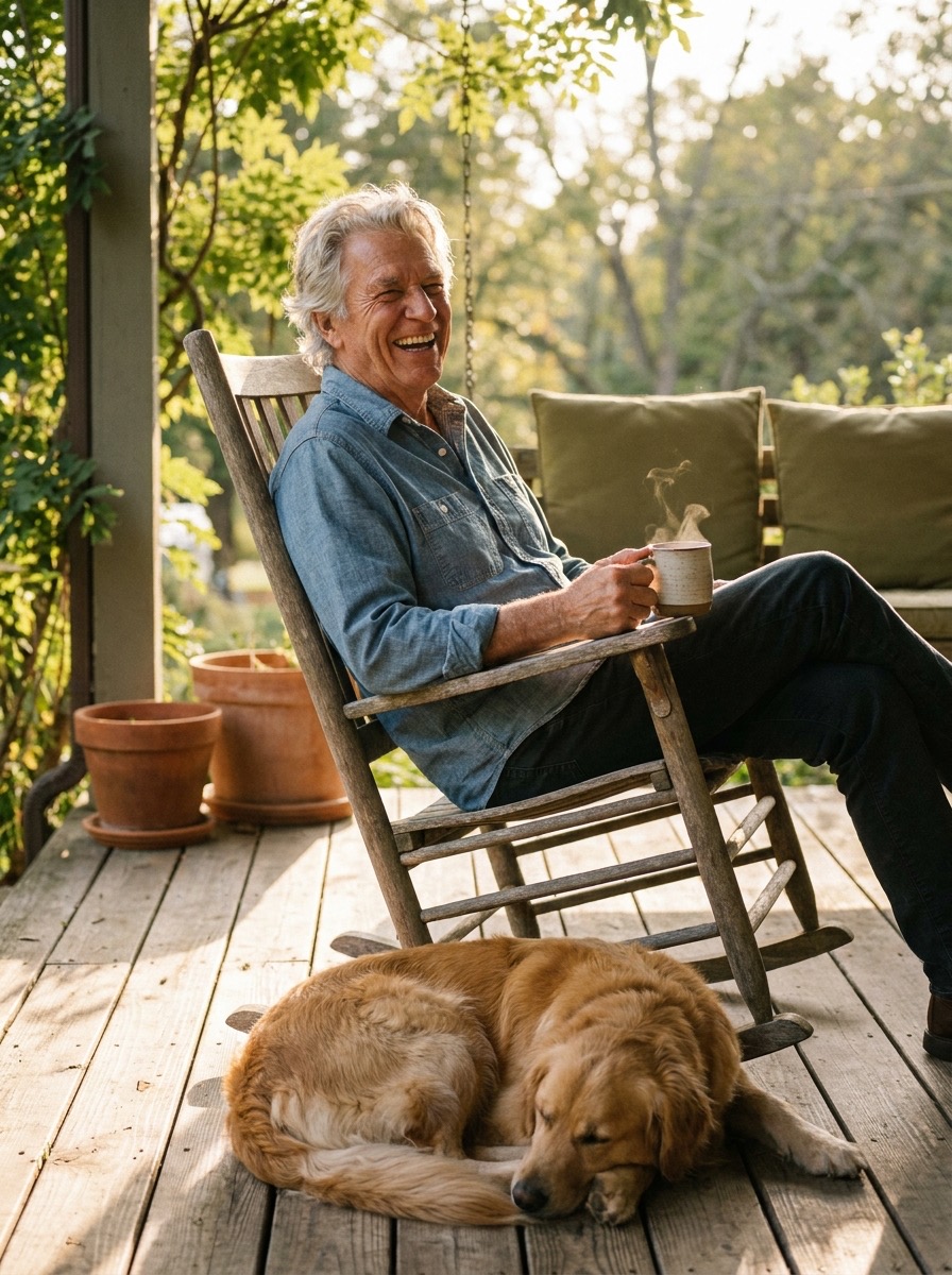 A silver-haired man laughing in a rocking chair on a shaded porch, holding a steaming mug