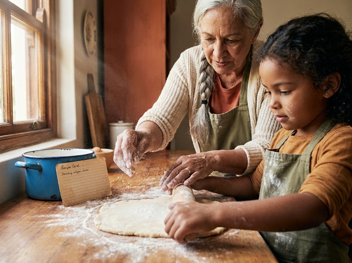 A grandmother guiding her granddaughter's hands as they roll dough together on a flour-dusted counter
