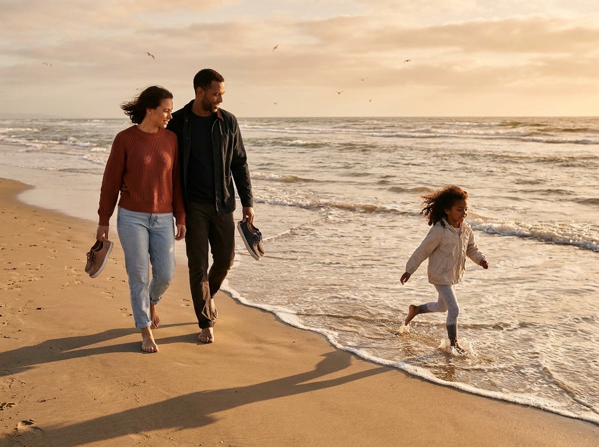 A family at the shoreline of a wide beach at golden hour, their daughter running ahead through the water