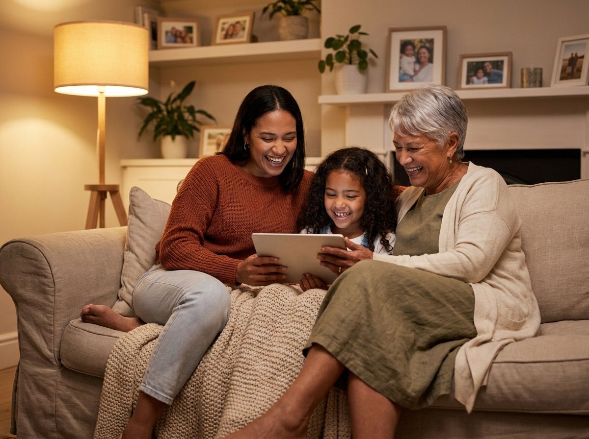 A girl curled up between her mother and grandmother on a sofa, all three laughing at a tablet
