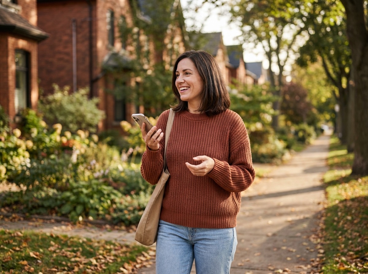 A woman strolling a leafy sidewalk, speaking casually to the phone she holds at chest height